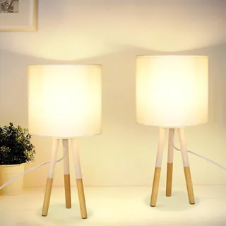 ZMH Nachttischlampe 2er set Weiß Schlafzimmer Holz E27  Wohnzimmer  Landhausstil Tisch Lampe für Bett Esszimmer Esstisch Hotel Bar Café - Weiß