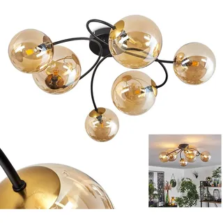 HOFSTEIN Deckenleuchte Chehalis, 6-flammige Deckenlampe aus Metall/Glas in Schwarz/Gold/Bernstein, Leuchte im Retro/Vintage-Design, Ø Schirme 12; 15 cm, G9, Esszimmer, Schlafzimmer, Wohnzimmer, Küche