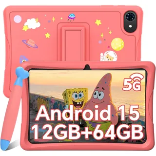Tabwee K10 Kids 10.1" Rosa Tablet, Google Kids Space, 4GB RAM+64GB ROM, Android 15 WiFi Tablet für Kind mit Kindgerechte Hülle und Stift, 5000mAh - Rosa