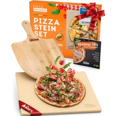 Pizza Mondo® Pizzastein für Backofen, Grill & Gasgrill (inkl. Pizzaheber & Rezeptbuch) Original Steinofen Erlebnis dank bester Qualität - Eckig 1,5 cm