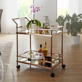 FineBuy Design Servierwagen Dunkles Gold 2 Ebenen mit Bremsen Beistelltisch auf Rollen Speisewagen mit Glasplatte Küchenwagen Teewagen - Gold