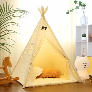 LIONHERZ® DAS ORIGINAL Tipi Zelt für Kinder aus 100% Baumwolle mit Federdeko, Kuschelmatte, Stabilisator, Tragetasche [Stabil] Tippi Kinderzelt