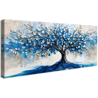 Groß Leinwand Bilder Mit Rahmen Abstrakter Baum des Leben Leinwandbilder Silber Marine Blauer Baum Bilder auf Leinwand Malerei Poster Wandposter Wandbilder Wohnzimmer Schlafzimmer Wanddekor 50x120cm