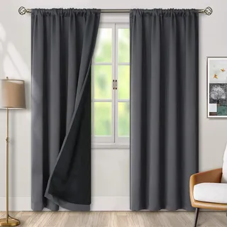 BGment Wärmeisolierte 100% Verdunkelungsvorhänge für Schlafzimmer, mit schwarzem Futter, doppellagig, verdunkelnd, geräuschreduzierend, Stangentaschenvorhang (132 x 213 cm, Dunkelgrau, 2 Paneele)