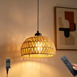 CHENBOOW Hängelampe Mit Stecker,Lampe Hängend,Esstischlampe Hängend | Mit 5M Kabel,Pendelleuchte Rattan,Hängeleuchte Rattan Mit Fernbedienung,E27 Outdoor Hängend Lampe,für Wohnzimmer,Garten