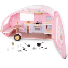 Lori Camper Set, Zubehör für 15 cm Puppen – Wohnwagen Puppenzubehör mit Möbel, Kochzubehör, Decken, Kissen und mehr – Spielzeug für Kinder ab 3 Jahre