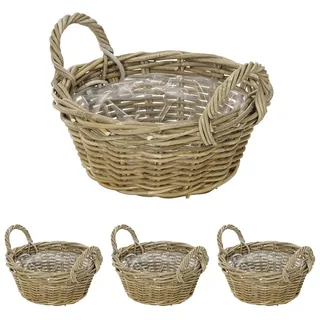 Dehner Rattan Pflanzschale mit Henkel, Ø 26 cm, Höhe 12 cm, Rattangeflecht, grau/braun (Packung mit 4)