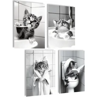mojoliving Katzen Poster Set 4er Set Wandbilder schwarz weiß Badezimmer Deko A4 Kunstdrucke lustig süß Katze beim Baden Lesen Zähneputzen Wanddeko