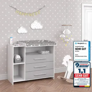 Vicco Wickelkommode Oskar Weiß/Grau 113 x 100 cm , Weiß, Grau , Holzwerkstoff , 7 Fächer , Rechteckig , 113x100x53 cm , Babymöbel & Kindermöbel, Babyzimmer, Wickelkommoden & Zubehör, Wickelkommoden
