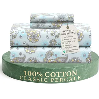 Feather & Stitch Bettwäsche mit 2 Kissenbezügen, Fadenzahl 300, 100% Baumwolle, Perkal-Gewebe + 2 Kissenbezüge, atmungsaktives 4-teiliges Bettwäsche-Set Finley02, King