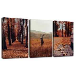 Ohok Premium Leinwandbilder Kunstdruck Bilder 30x40cm, Leinwanddruck Bilder 3er-Set Wandkunst Dekor Bild mit Holzrahmen Wandbilder für Schlafzimmer Büro Home Dekorationen (Herbst-Hirsch)