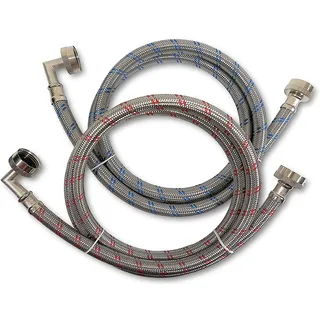 Premium Stainless Steel Washing Machine Hoses with 90 Degree Elbow, 4 Ft Burst Proof (2 Pack) Red and Blue Striped Water Connection Inlet Supply Lines - Lead Free