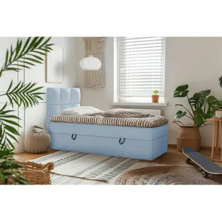 Mid.you Boxbett , Blau , Holz, Textil, Holzwerkstoff , H3 , 90x200 cm , Bettkasten, gepolstertes Kopfteil, Stoffauswahl, Topper durchgehend , Holzmöbel, Holzbetten, Boxspringbetten Holz