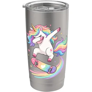Niedliches Regenbogen-Einhorn-Skateboarding Doppelwandiger Edelstahl-Thermobecher