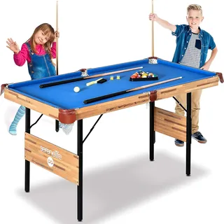 SereneLife 1,37 m Faltbarer Billardtisch, 137 cm Tragbarer Faltbarer Billard-Spieltisch für Kinder und Erwachsene mit Zubehör, Indoor- und Outdoor-Spiel mit Stöcken, Queue, Bällen und Dreieck, Blau