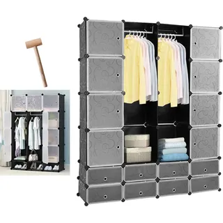 EINFEBEN 16 Wuerfel Regalsystem Kleiderschrank Kleiderschränke DIY Garderobenschrank Schwarz  Kunststoff Aufbewahrung Garderobe fuer Schlafzimmer mit Tueren 180*142*37CM - Schwarz