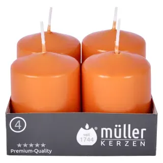 Müller Kerzen Stumpenkerze BSS, mandarin, Hochwertige Stumpenkerze mit integrierter Durchbrandsperre, 1 Packung = 4 Stück, (Ø x H): 48 x 62 mm