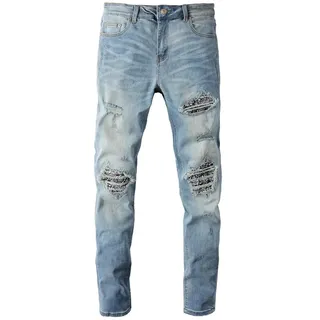 Sopodbacker Jeans Herren Hose Jeanshose Neueherren Print Patch Jeans Patchwork Ripped Stretch Denim Hose
