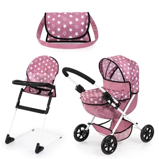Bayer Design 13776AB Set, Puppenwagen faltbar, Softer Griff, mit Tasche, Hochstuhl, Nordisches Rosa