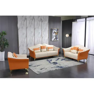 Ledersofa Couch Sofagarnitur 3+1+1 Sitzer Garnituren Design Modern Sofa Neu - Orange, Weiß