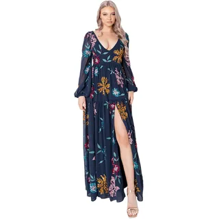 Maya Deluxe Damen Womens Ladies Maxi Dress with Slit Long Sleeve Bishop V Neckline Floral Embellishment for Special Occasions Prom Ball Kleid, Navy, 34