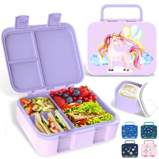 Anyiner Kinder Lunch Box, Einhorn Bento Box auslaufsicher mit Multi-Fächern – Jausenbox für Kindergarten und Schule Snackbox für Jungen Mädchen Kinder (Lila Einhorn)