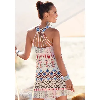 Strandkleid BUFFALO "mit besonderem Trägerdesign und Ethnoprint", Damen, Gr. 34, N-Gr, beige (creme, bedruckt), Jersey, Obermaterial: 95% Viskose, 5% Elasthan, bedruckt, figurumspielend Po-bedeckend, Rundhals, Kleider Strandkleid, Minikleid, Sommerkleid, Festival, Jerseykleid, Topseller