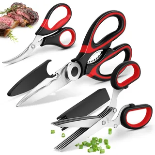 KüChenschere Set Haushaltsschere GeflüGelschere KräUterschere: Scharfer Edelstahl, Weicher Griff mit Schutzkappe, Multi füR Huhn, Fleisch, Fisch, GemüSe, GewüRze und Petersilie,3-Teiliges