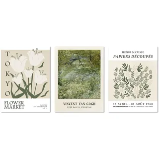 ARTFAVES® Poster Set - Art Galerie Green Botanic - 3-teilige Bildercollage Wohnzimmer, Schlafzimmer - moderne Wandbilder grün, Pflanzen, Van Gogh, Flower Market - 30x40 cm - ohne Rahmen