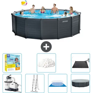 Intex runder Pool mit graphitgrauem Paneel – 478 x 124 cm – inklusive Pumpe – Leiter – Bodenplane – Abdeckung Wartungspaket - Filterbälle - Solarmatte