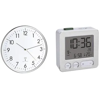 TFA Dostmann Analoge Wanduhr Funk & 60.2545.54 Digitaler Funk-Wecker, Kunststoff, Weiß/Silber, L 66 x B 22 x H 68 mm