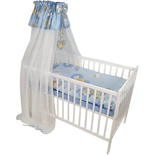 HAPPY 11 Teiliges Babybett Kinderbett und Bettwäsche komplett Set höhenverstellbar aus Massivholz für Neugeborene Babys und Kleinkinder (Blau-Teddybär auf Leiter) - Blau