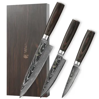 Wakoli EDIB Essentials Damastmesser Set 3-teilig I Chefmesser, kl. Chefmesser und Gemüsemesser Allzweckmesser aus 67 Lagen Damaststahl VG10 Kern 60±1 HRC I Fingerschutz I Küchenmesser Set in Holzbox
