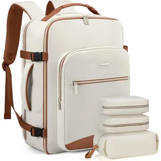 Handgepäck Rucksack für Damen - 40L Groß, Wasserdicht, Laptopfach, Travel Backpack - Beige Braun