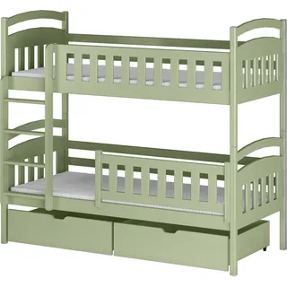 Hochbett 90x200 cm Etagenbett mit zwei Schubladen, Lattenrost, Rausfallschutz, umbaubar in zwei Einzelbetten, aus Vollholz massiv in Olivgrün - Grün