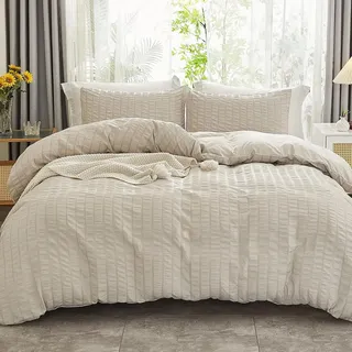 Freyamy Seersucker Bettwäsche 135x200cm 2teilig Beige Geprägt Streifen Strukturiert Bettwaren-Sets Uni Gebürstet Microfaser Weiche Bettbezug mit Reißverschluss und 1 Kissenbezug 80x80cm