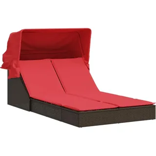 Doppelte Sonnenliege mit Baldachin und Kissen, braun, Polyrattan - Braun