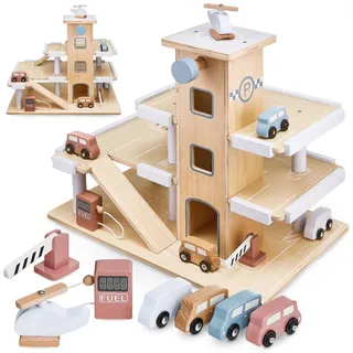 Holzparkhaus mit Aufzug - 3-stöckige Garage - mit Autos und Hubschrauber - Kinderspielzeug Parkhaus - Naturbelassen