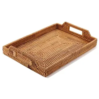 Rattan Serviertablett Rechteckig 37 × 26 × 3,5 cm – Handgeflochtenes Tablett mit Griffen, Natürliches Deko-Tablett für Frühstück, Kaffee, Snacks oder Couchtisch