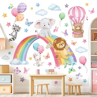 decalmile Wandsticker Regenbogen Wolken Wandtattoo Elefant Löwe Bär | Abziehbare und Aufklebbare Wandaufkleber, DIY Abnehmbare Wandkunst Abziehbilder, Wandfreundlich, Leuchtenden Farben