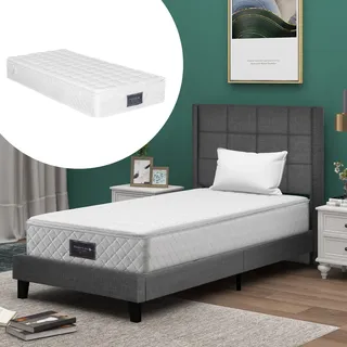 okwish Modernes Polsterbett mit gepolstertes Kopfteil Einzelbett mit Lattenrost, 90x200cm Grau Leinen (Mit Matratze) - Grau
