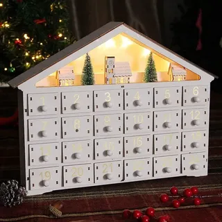 LED Adventskalender 24 Tage Dekoriert mit Weihnachtsbaumhaus und LED-Lichtern, beleuchteter weißer Holz-Countdown bis Weihnachtskalender,