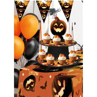 FIESTAS GUIRCA | Kürbis Gebäckständer mit 3 Etagen (40x30 cm) - Tischdekoration für gruselige Halloween-Partys - Ideal für schaurige Feiern - Orange Schwarz