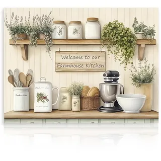 Dazzlewall Bauernhof Küche Leinwand Bild Willkommen in unserer Bauernhof Küche Rustikale Frische Pflanzen und Küchenutensilien Wand Poster für Esszimmer 30×40 cm Ungerahmt