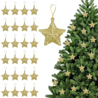 Sterne Weihnachtsbaum, 24pcs Sterne Deko Hängend, Weihnachtsdeko Sternes, Geeignet zum Weihnachtlichen Aufhängen An Weihnachtsbäumen, Kaminen, Fenstern, Tischdekorationen(Gold)