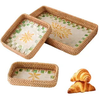 Serviertablett Rechteckig Rattan, Vintage Tablett Muschel Mosaik, 3er Set Dekoratives Tablett für Kaffee Frühstück Tee Getränke Kerzen Schmuck, Aufbewahrungstablett Küche Bad Cafe