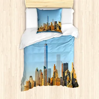 ABAKUHAUS Landschaft Mantele, New York City Skyline, Milbensicher Allergiker geeignet mit Kissenbezügen, 135 cm x 200 cm - 80 x 80 cm, Pale Blau Orange - Blau