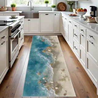 Meugesoi Meer Strand Teppich Läufer 60x180 cm, Meereswellen rutschfest Teppichläufer, Seestern Muschel Kurzflor Küchenläufer, Waschbar, Faltbar, Carpet für Eingang, Küche, Wohnzimmer