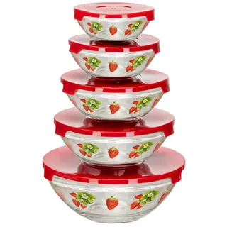 FH Glas Rührschüssel 5er Set mit Deckel | Als Salatschüssel oder zum Servieren und Zubereiten von Desserts | Glasbehälter mit Erdbeeren Design zum Frischhalten, Spülmaschinenfest