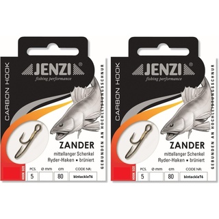 Set: 2 Packungen JENZI gebundene Zanderhaken Ryder-Haken (10 Stück) Mono,80cm Zander Vorfach montiert Hakengröße, 2, 4, 6, 8 + gratis Petri Heill! Aufkleber (Hakengröße 6)